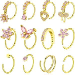 Elegant 12pc Gold Pink Nose Rings Set with CZ Gems, 20G Stainless Steel Hoops fo